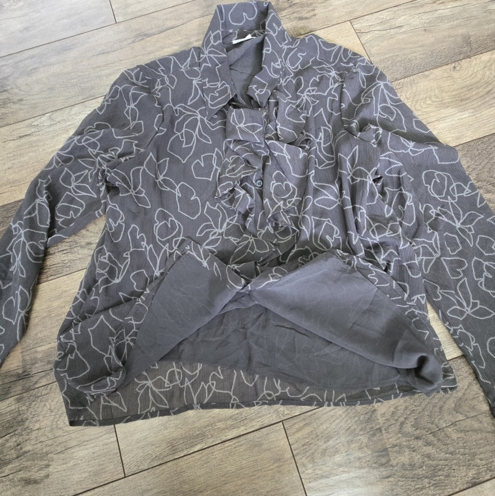 Calvin Klein Large Polyester Womens Gray Floral Ruffle Blouse - Picture 11 of 11